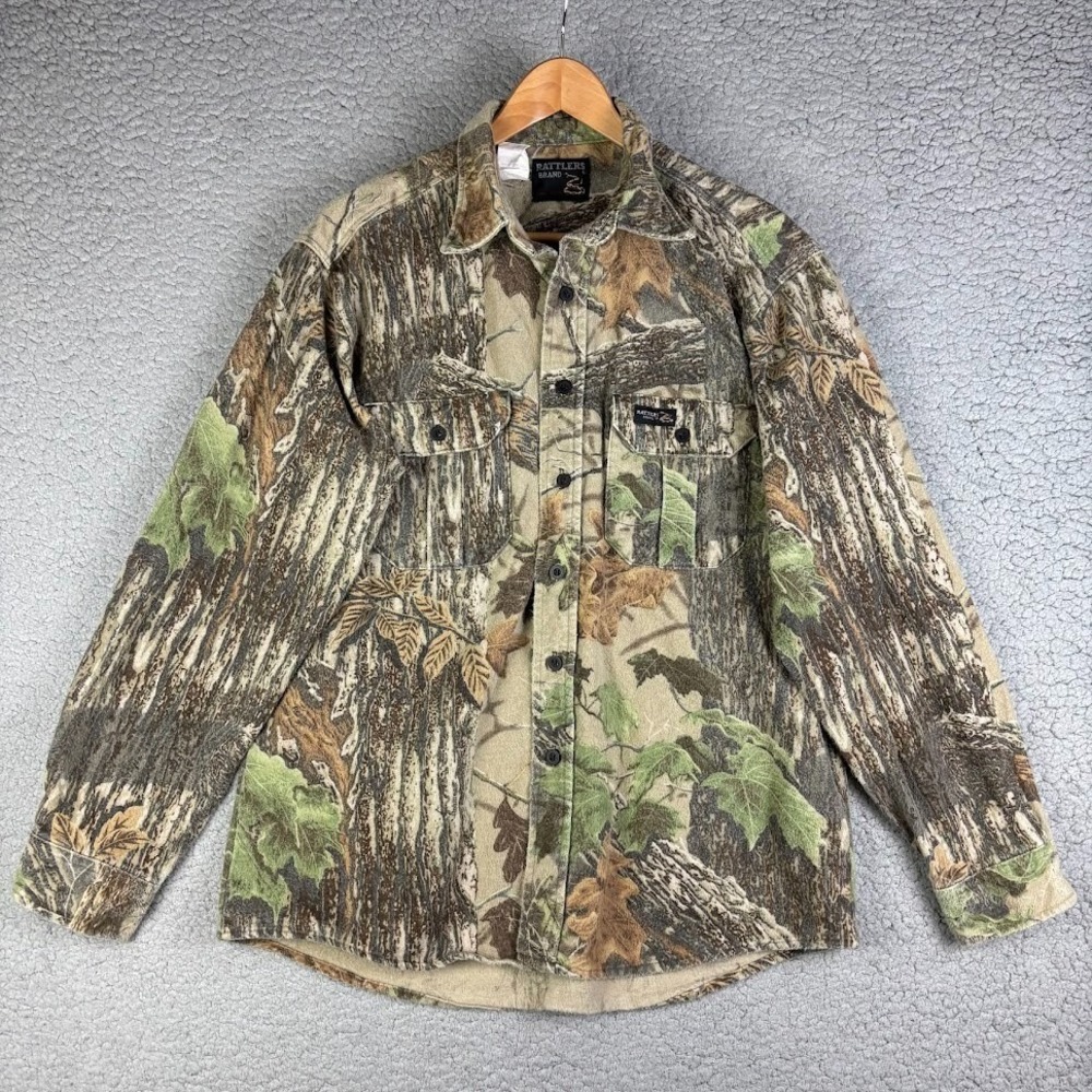 Vintage Rattlers Brand Camo‎ Shirt Mens L Realtree Made In USA Hunting Chamois